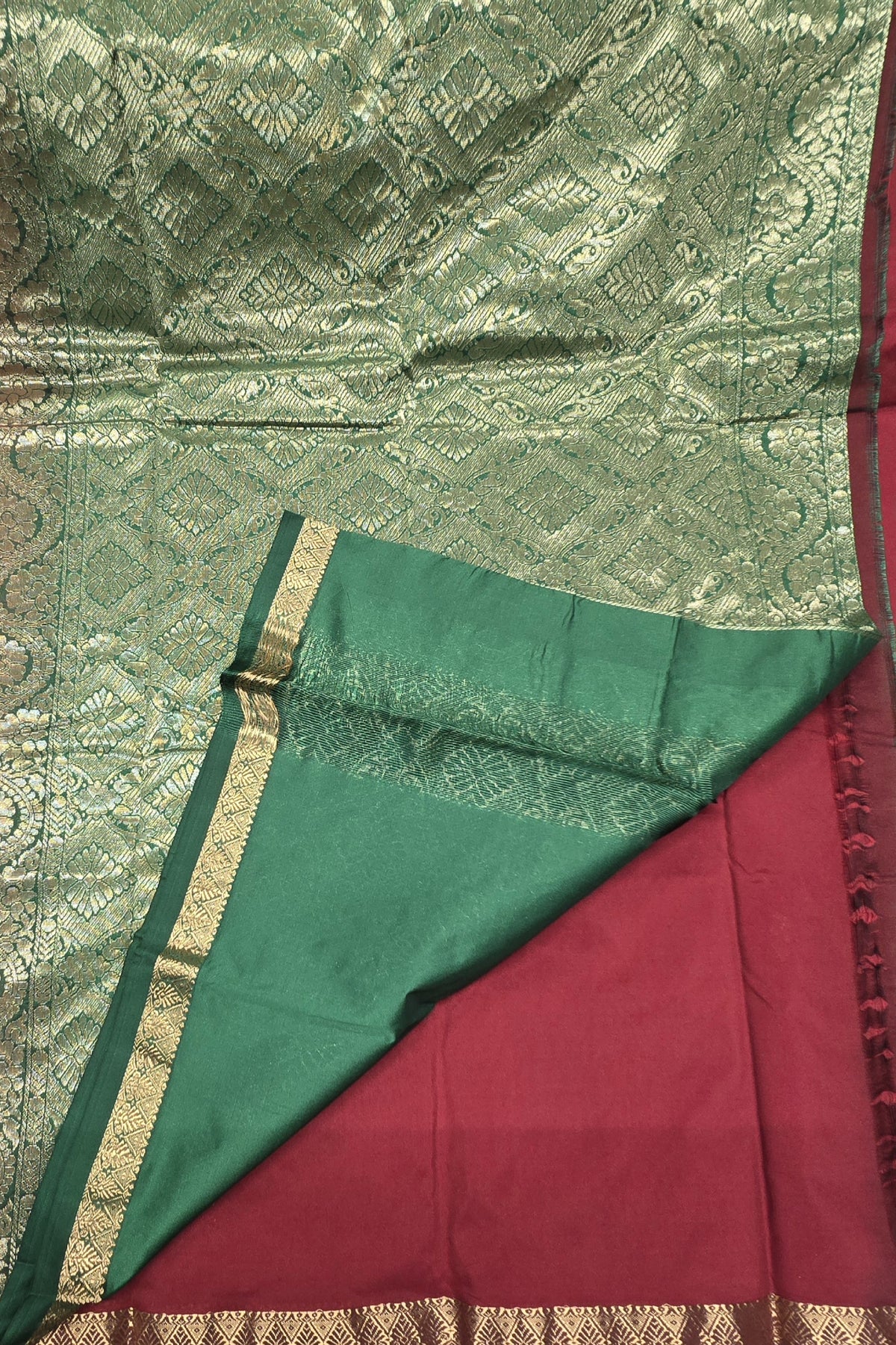 Maroon and Bottle Green Semi Kanchi Slik Saree