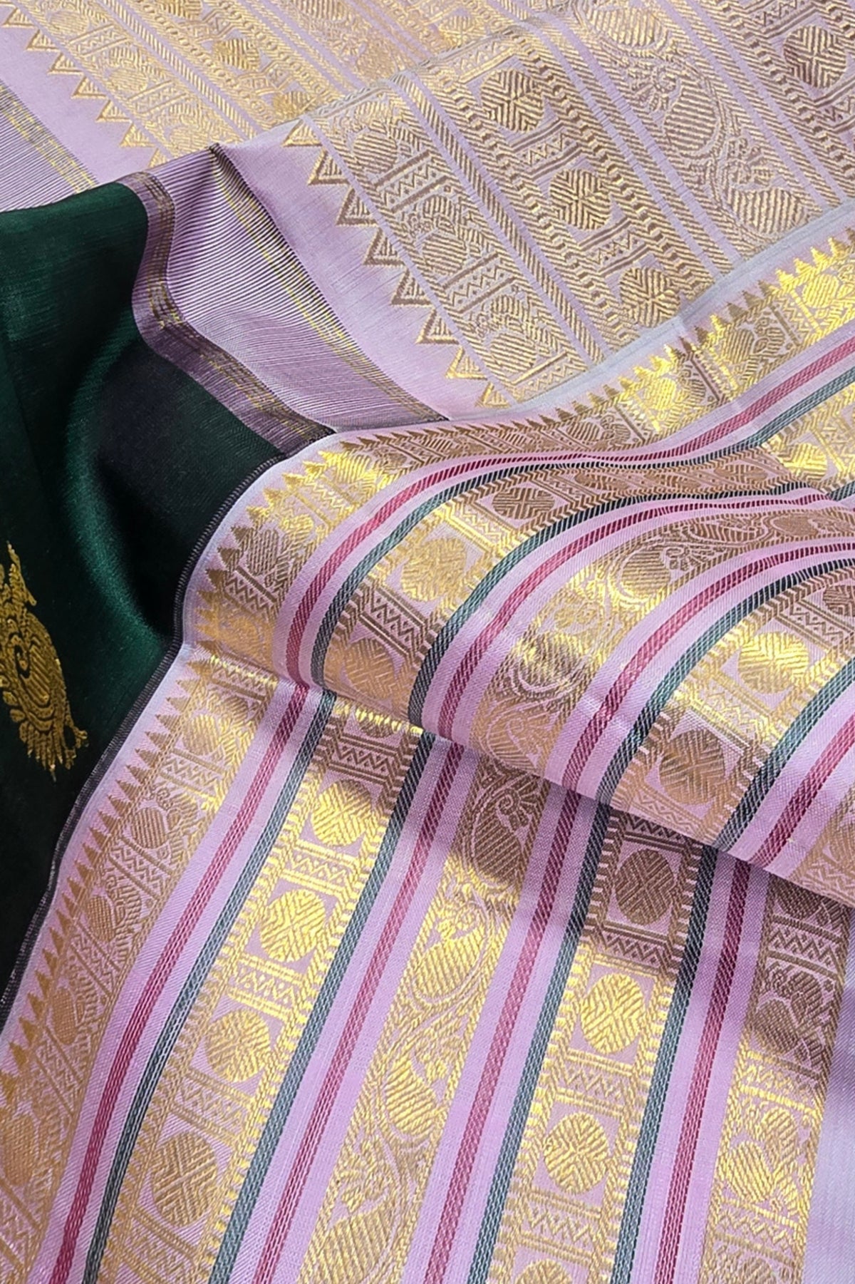 Dark Green Kanchipuram Silk Saree with Lavender and Gold Border