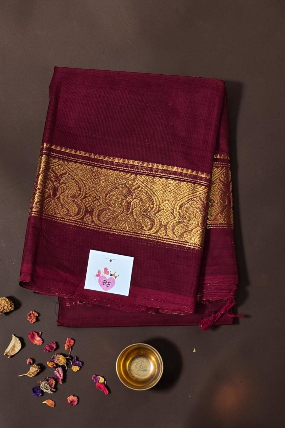 Rich Dark Maroon Cotton Saree with Gold Border
