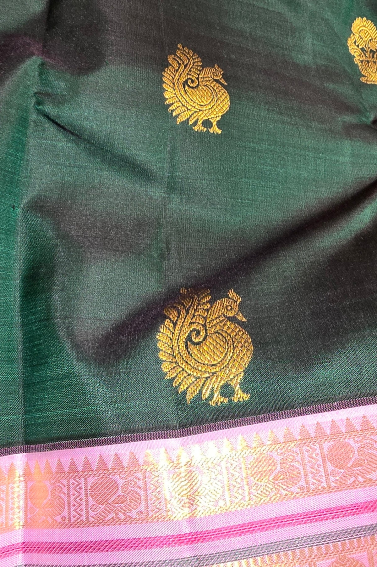 Dark Green Kanchipuram Silk Saree with Lavender and Gold Border