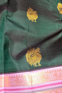 Dark Green Kanchipuram Silk Saree with Lavender and Gold Border