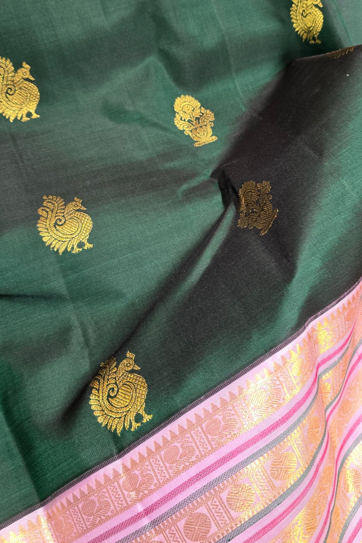 Dark Green Kanchipuram Silk Saree with Lavender and Gold Border
