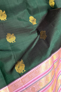 Dark Green Kanchipuram Silk Saree with Lavender and Gold Border