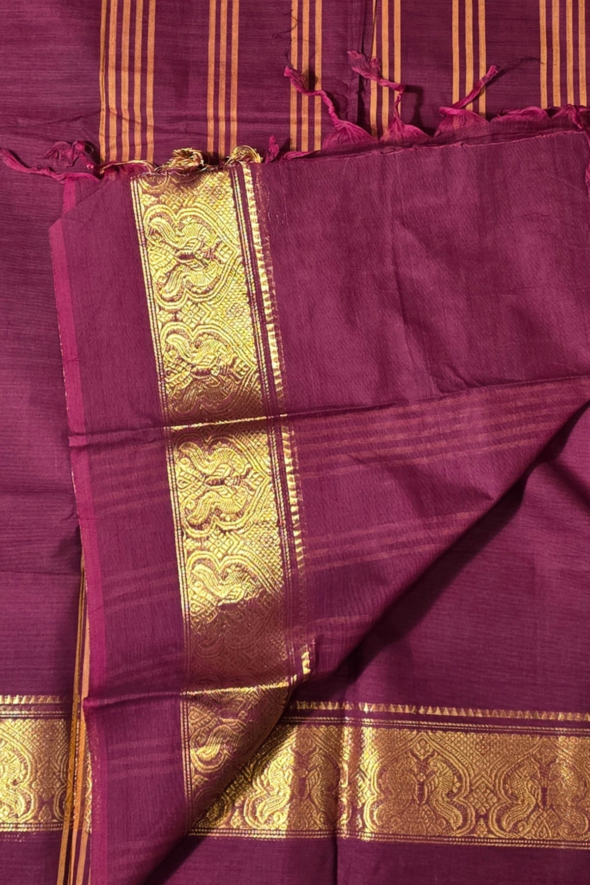 Rich Dark Maroon Cotton Saree with Gold Border