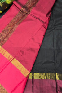 Exquisite Dark Green Semi Silk Saree with Pink Accents