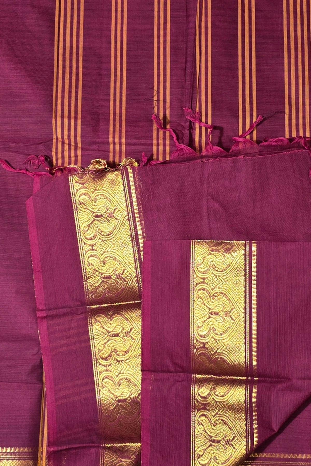 Rich Dark Maroon Cotton Saree with Gold Border