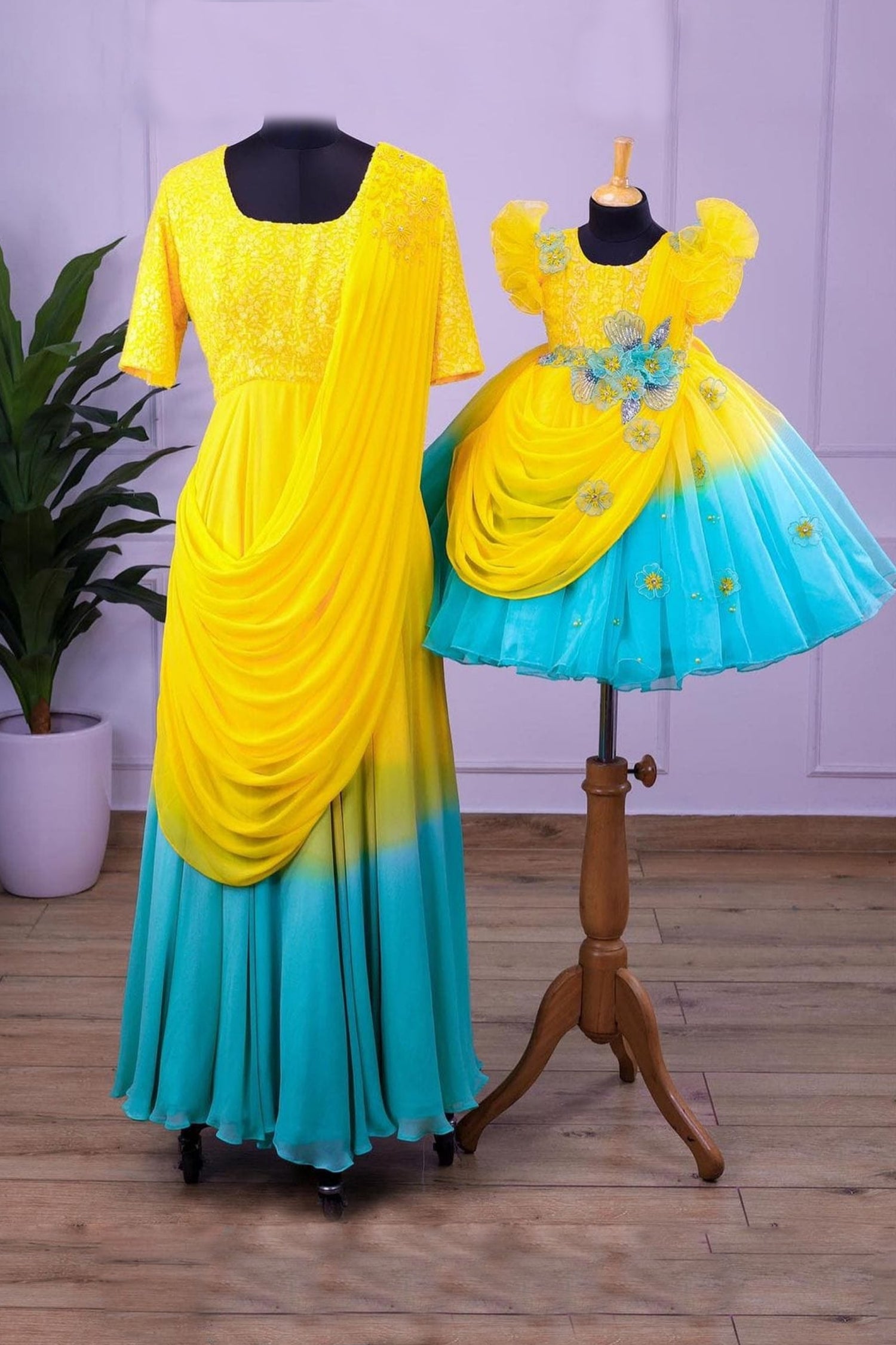 Yellow with Light Blue Mom–Daughter Gown Set