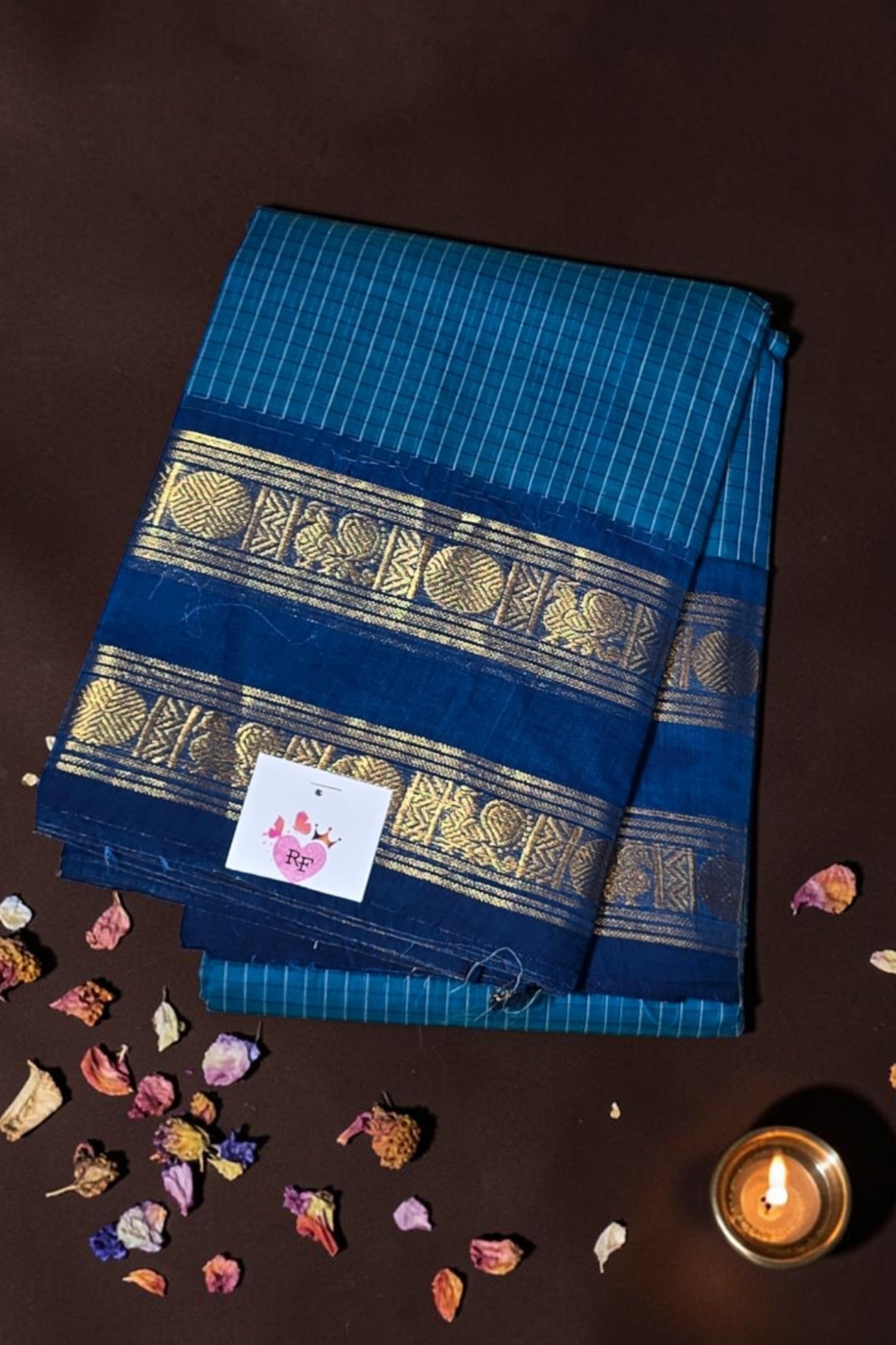Classic Blue Checked Cotton Saree with Dark Blue Border