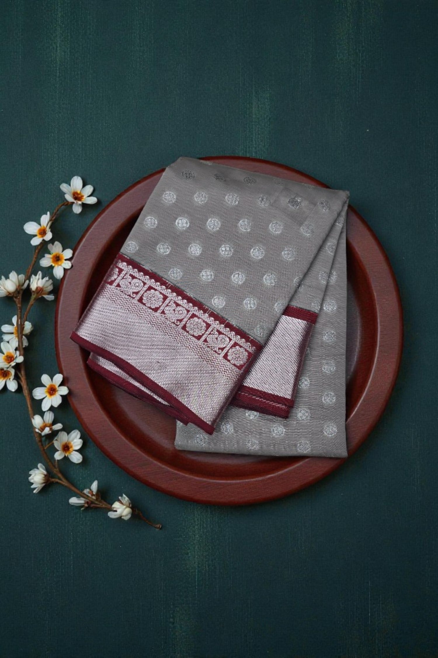 Elegant Grey Semi Silk Saree with Maroon Border