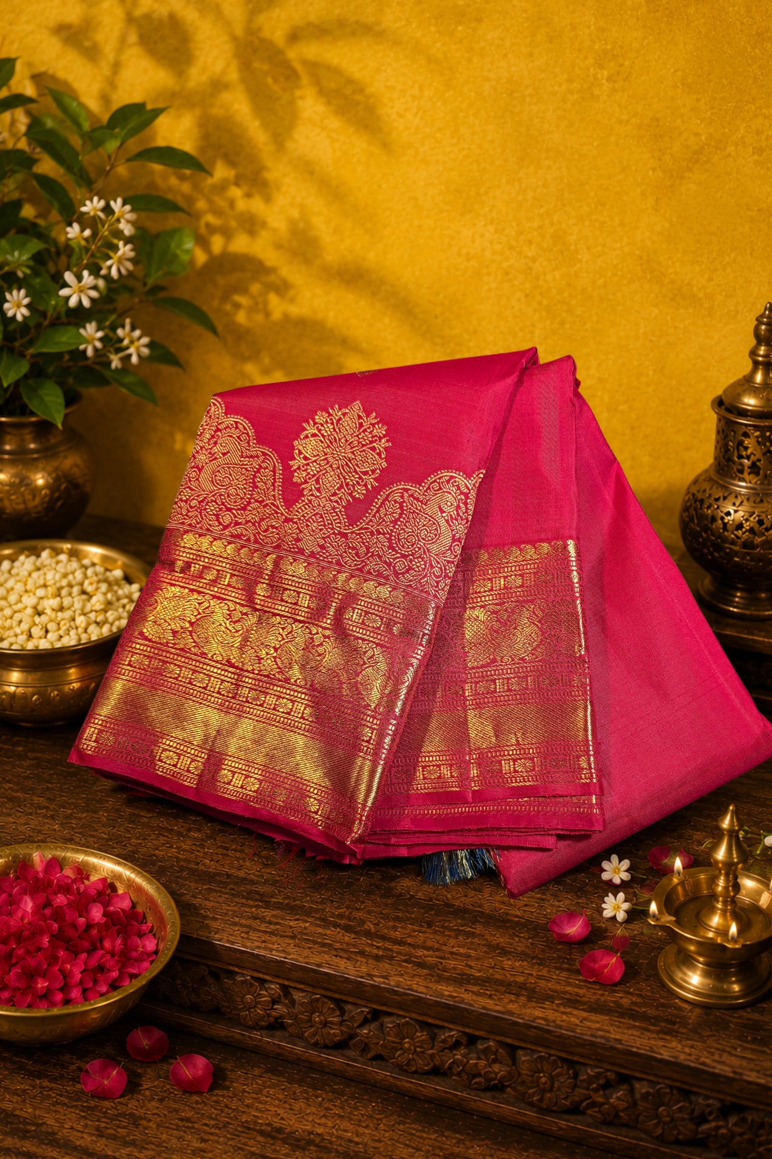 Crimson red silk saree with gold zari brocade elegantly displayed on a wooden table with decorative elements.