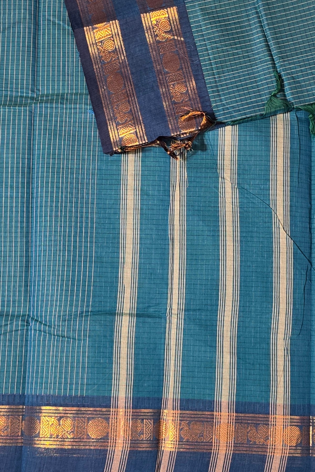 Classic Blue Checked Cotton Saree with Dark Blue Border