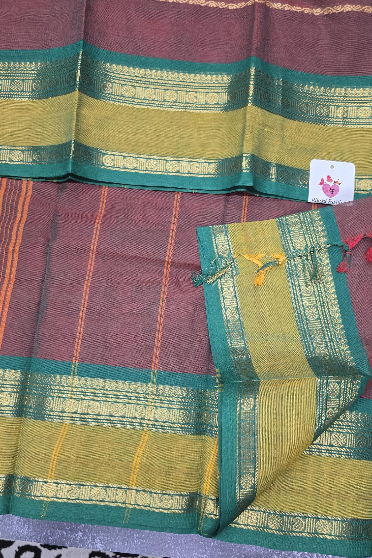 Classic Maroon Cotton Saree with Contrasting Green Border