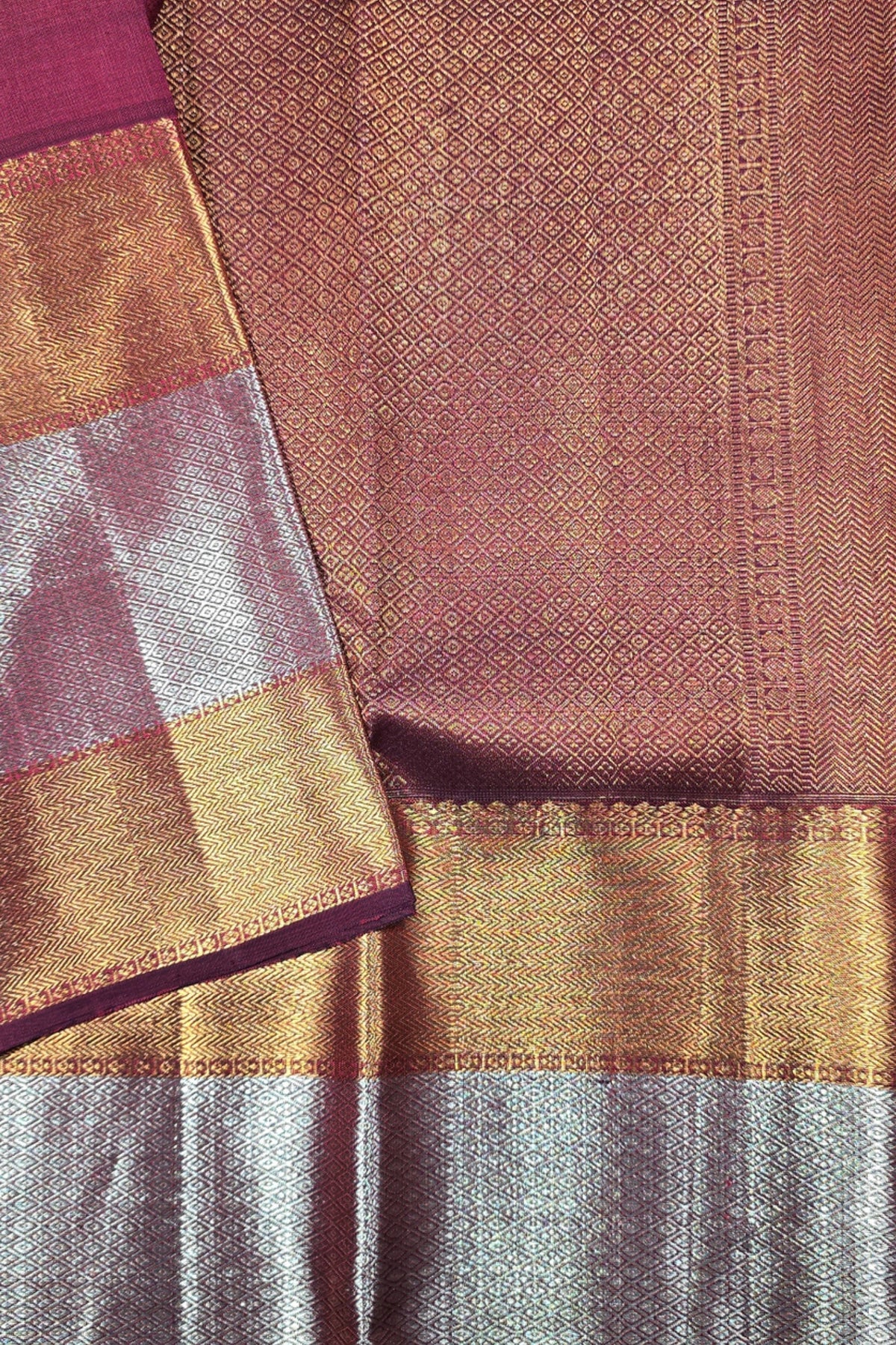 Rich Maroon Kanchipuram Silk Saree with Dual Color Border