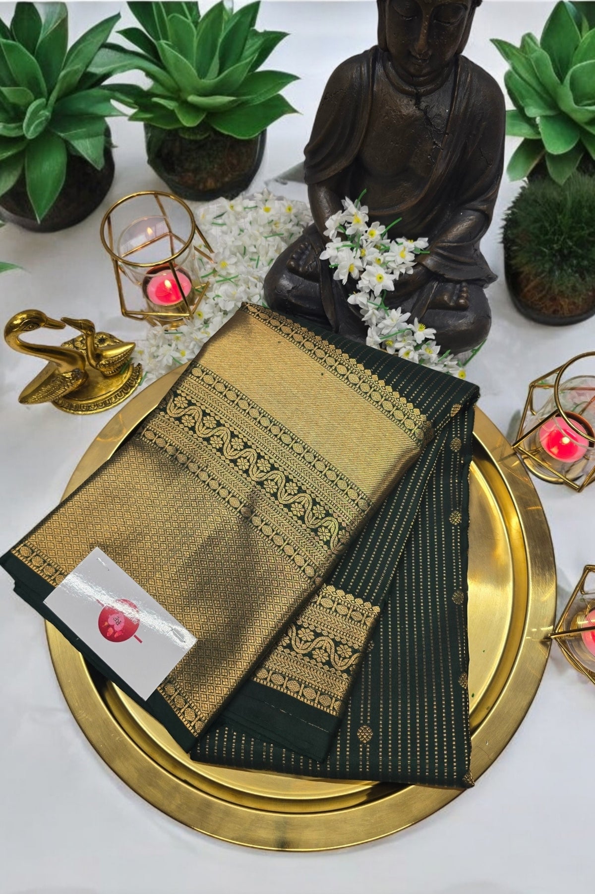 Elegant Dark Green Striped Kanchipuram Silk Saree