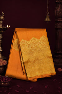Orange saree with gold patterns on a dark background