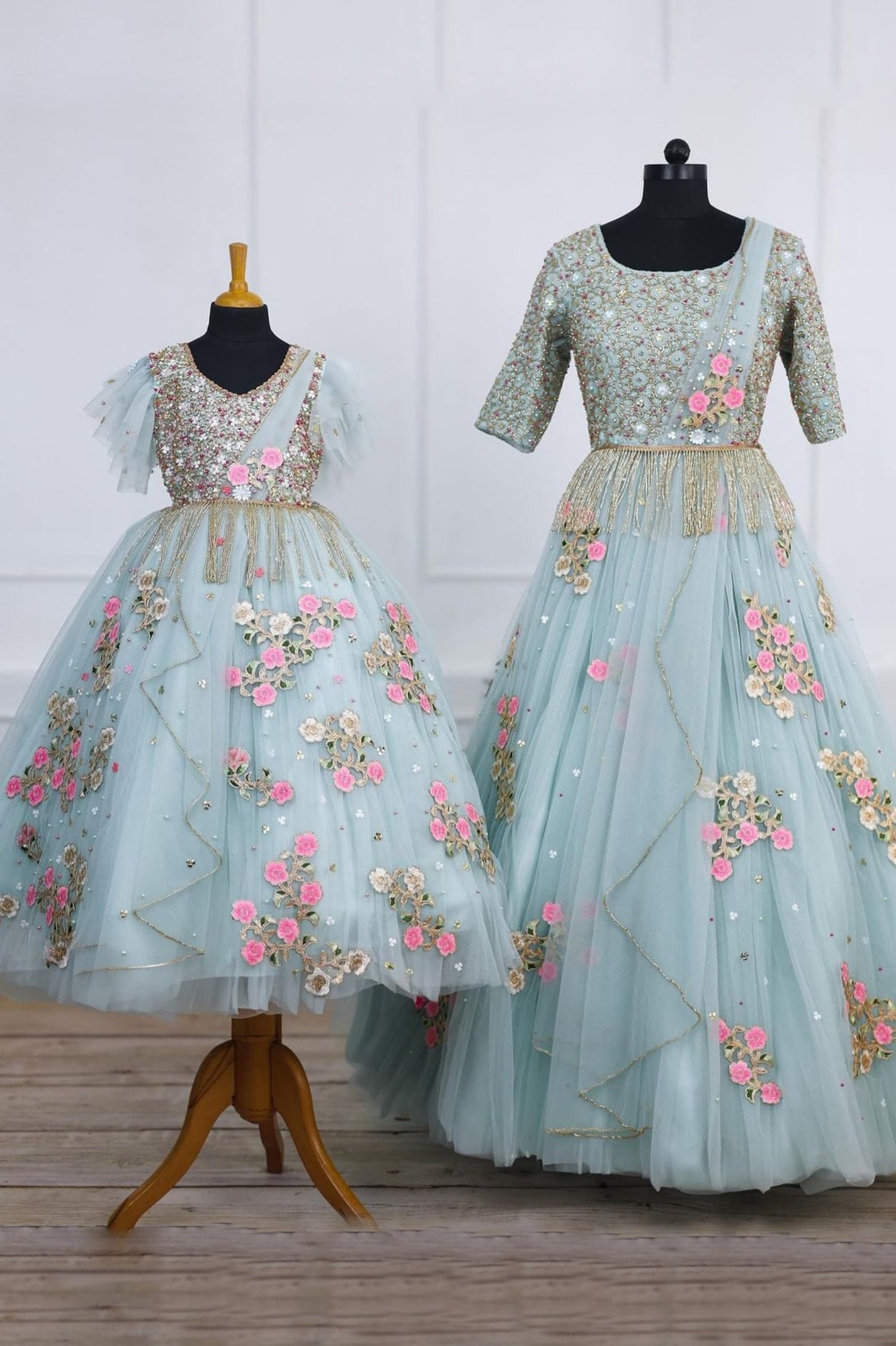 Serene Charm – Pastel Blue Mom-Daughter Gown