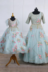 Serene Charm – Pastel Blue Mom-Daughter Gown