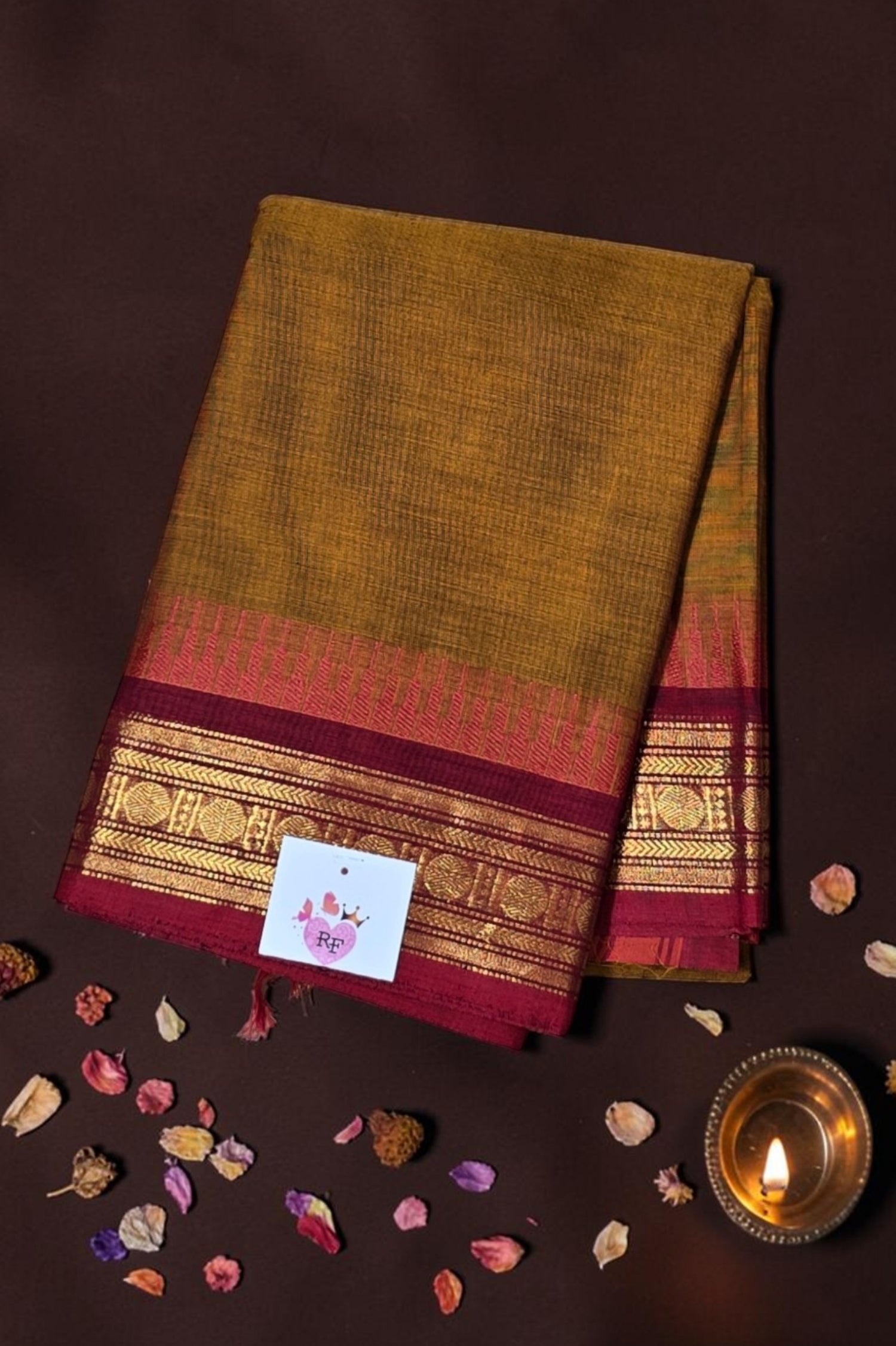 Elegant Golden Brown Cotton Saree with Maroon Border