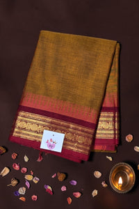 Elegant Golden Brown Cotton Saree with Maroon Border
