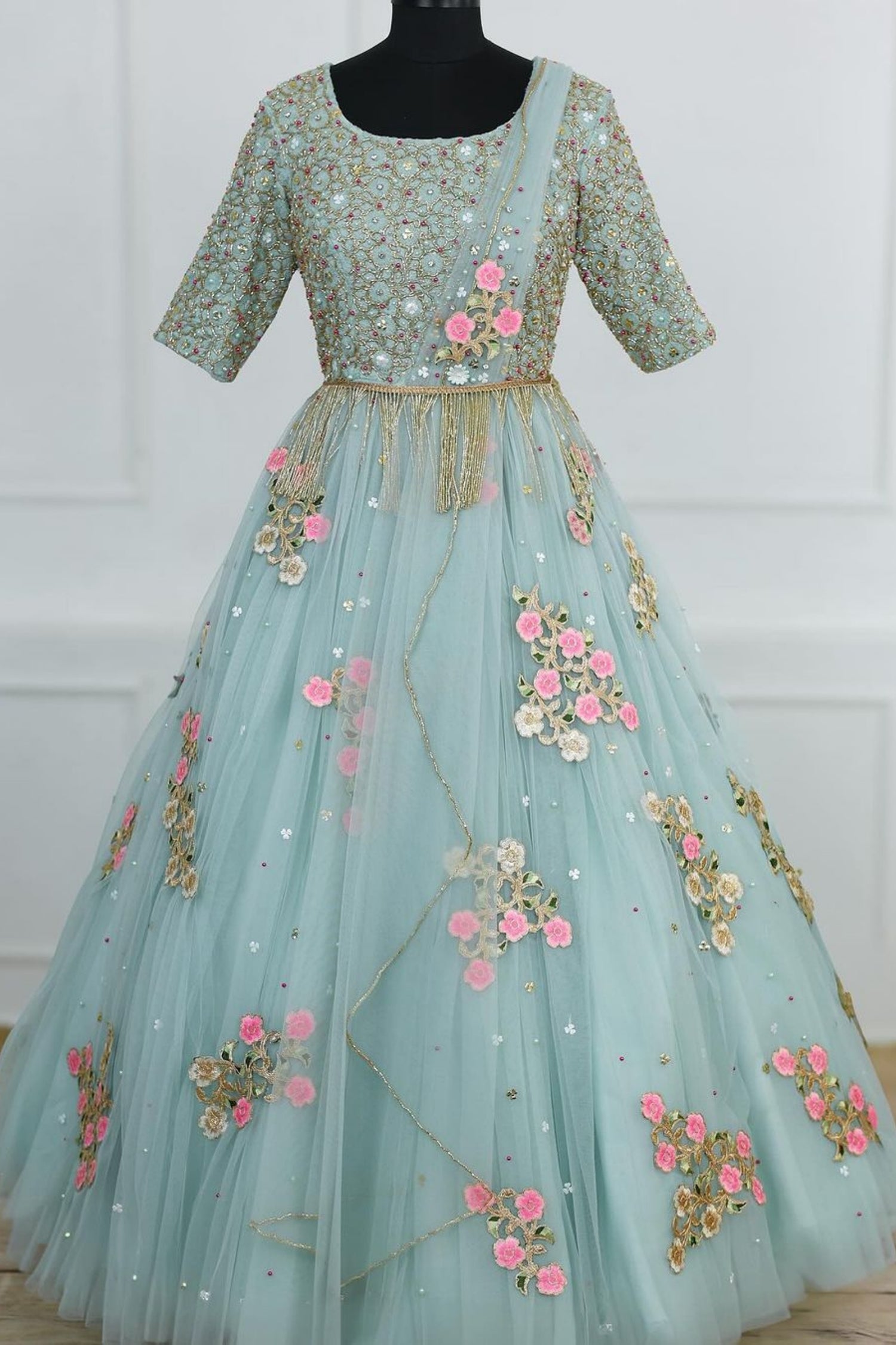 Serene Charm – Pastel Blue Mom-Daughter Gown