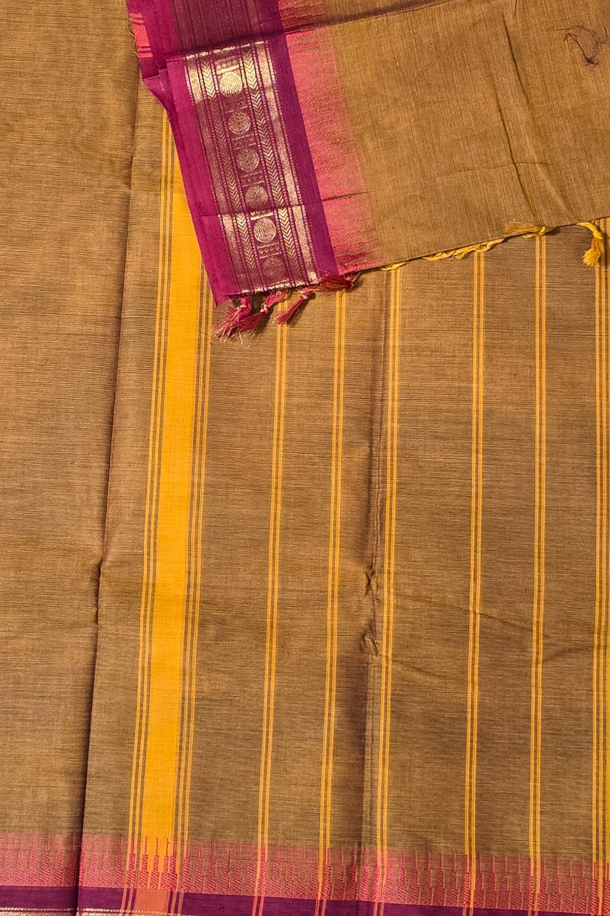Elegant Golden Brown Cotton Saree with Maroon Border