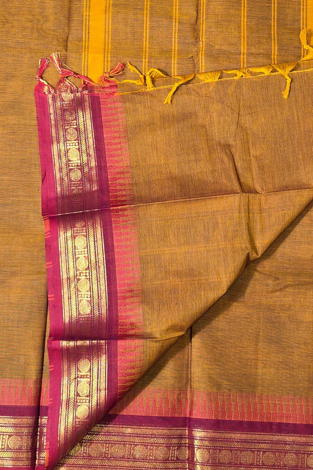 Elegant Golden Brown Cotton Saree with Maroon Border
