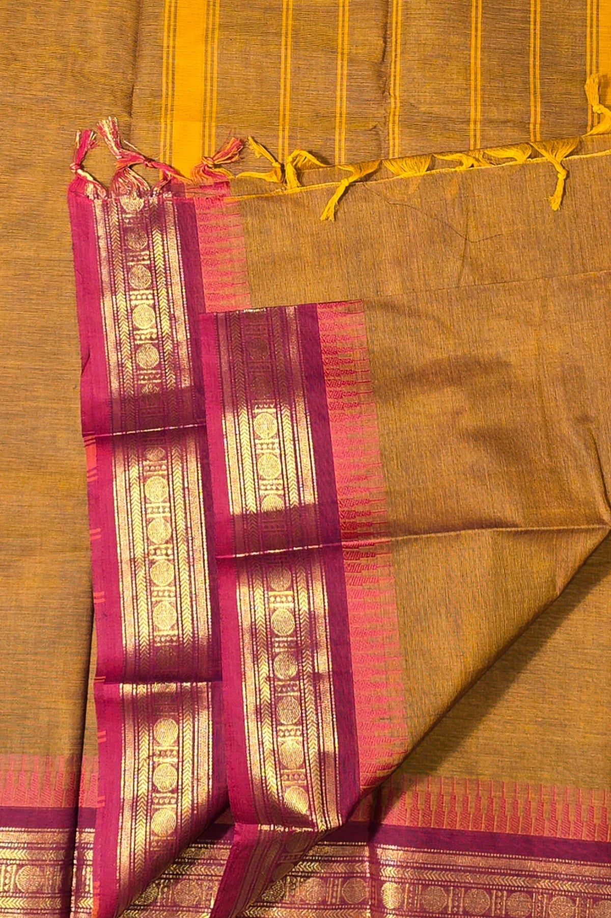 Elegant Golden Brown Cotton Saree with Maroon Border