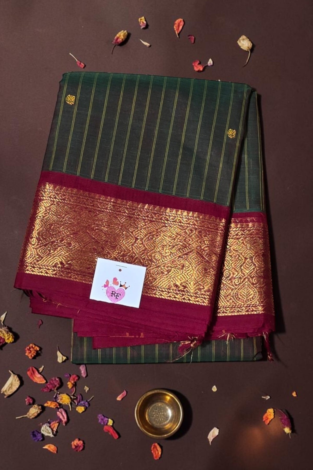 Elegant Dark Green Striped Cotton Saree with Maroon Border