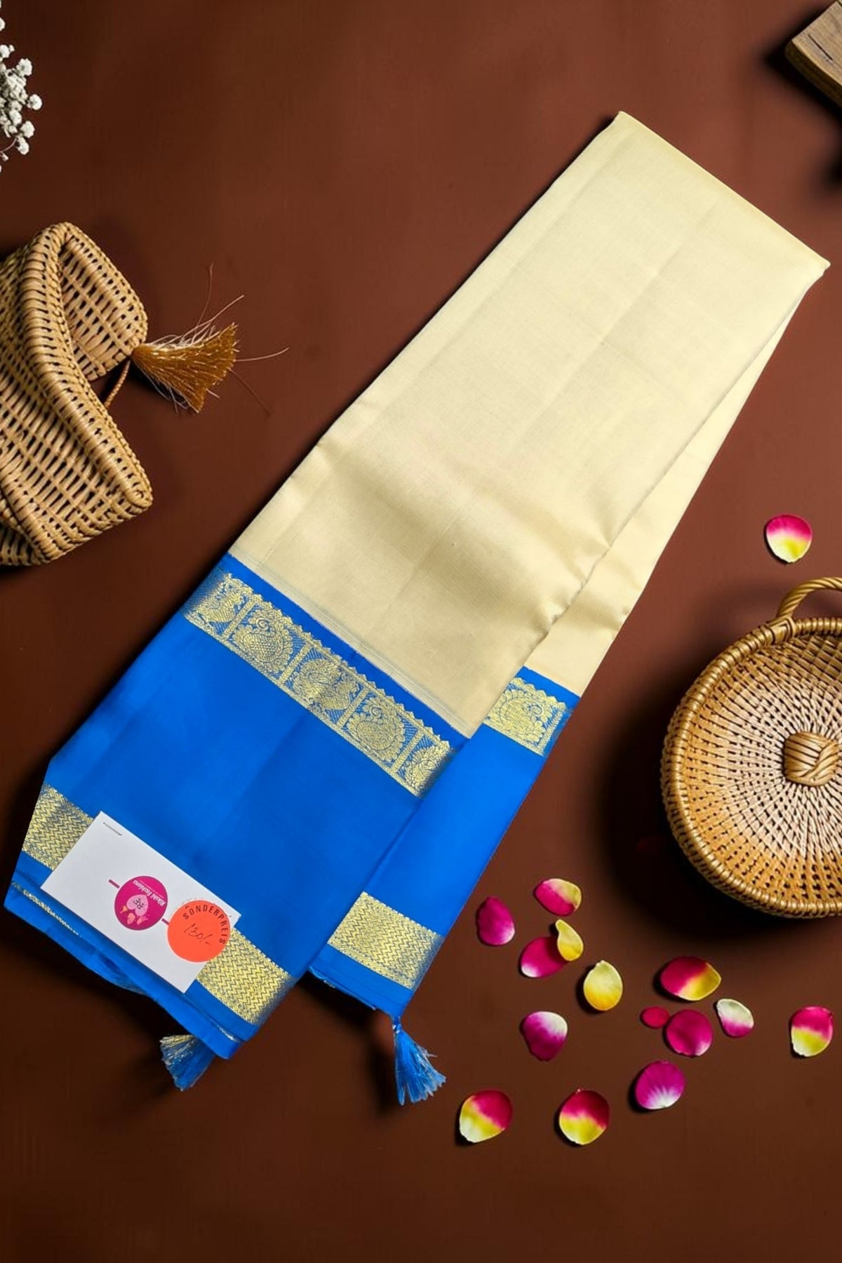 Peach Puff Kanchipuram Silk Saree with Blue Accents
