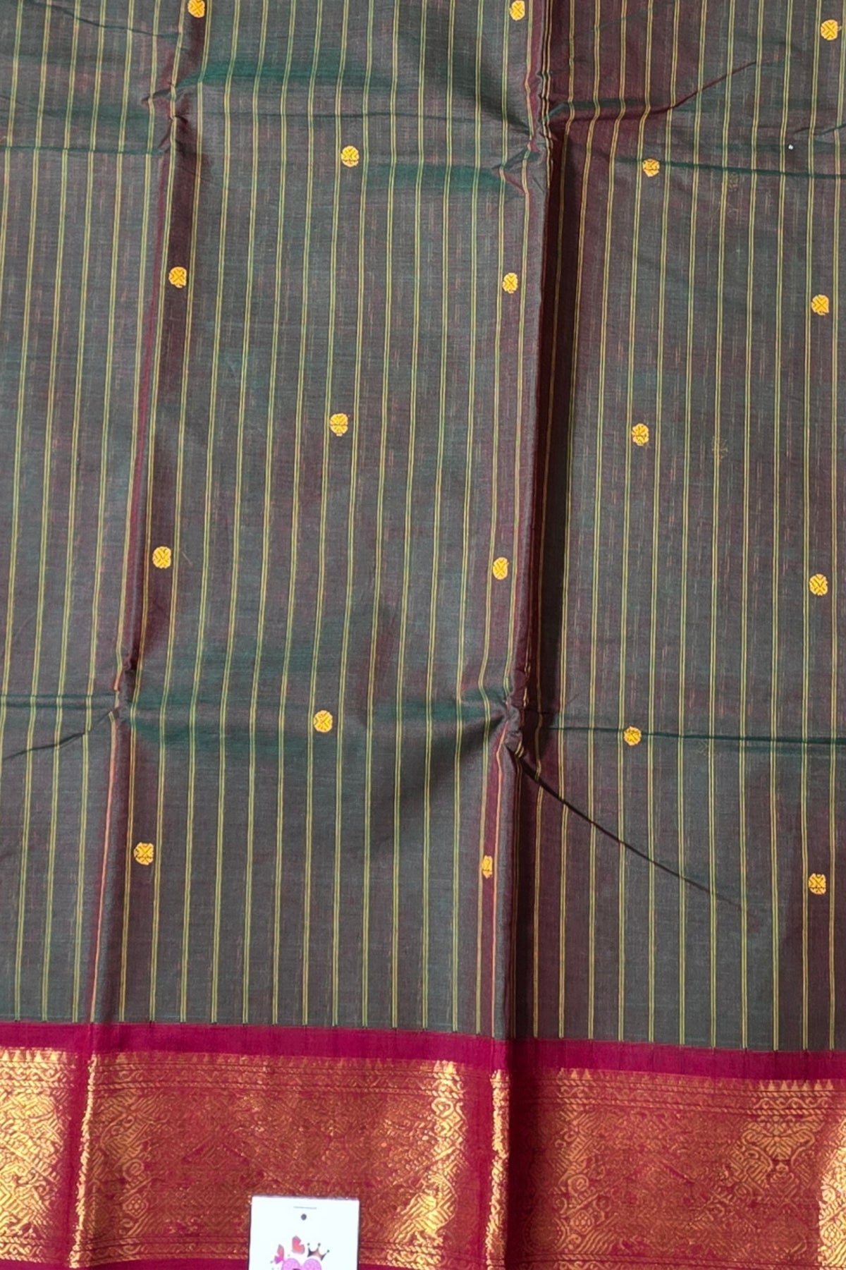 Elegant Dark Green Striped Cotton Saree with Maroon Border