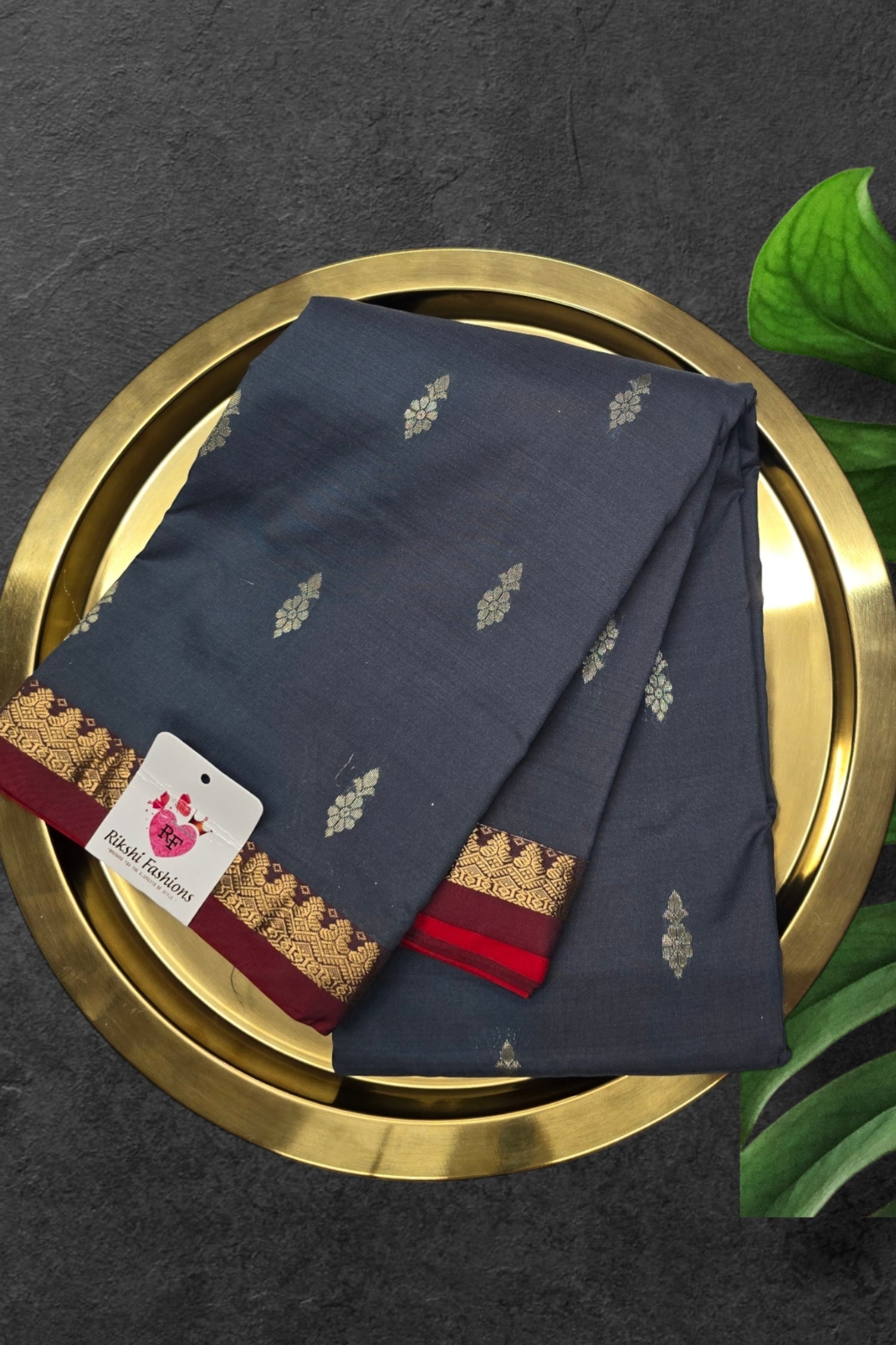 Dark Grey with Red Semi Kanchi Silk Saree