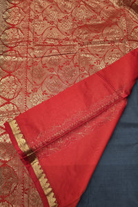 Dark Grey with Red Semi Kanchi Silk Saree