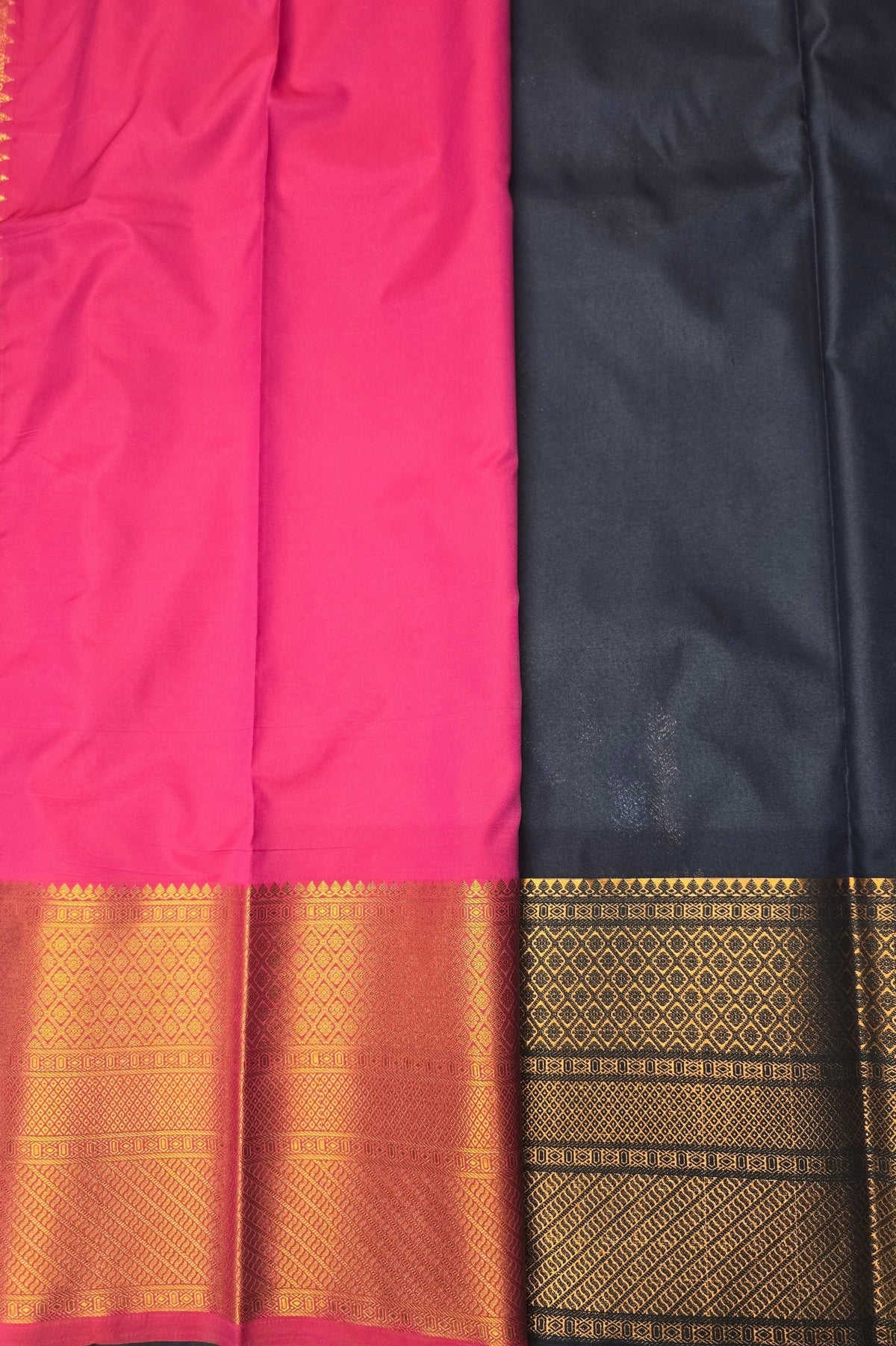 Pink and black sarees with gold zari borders