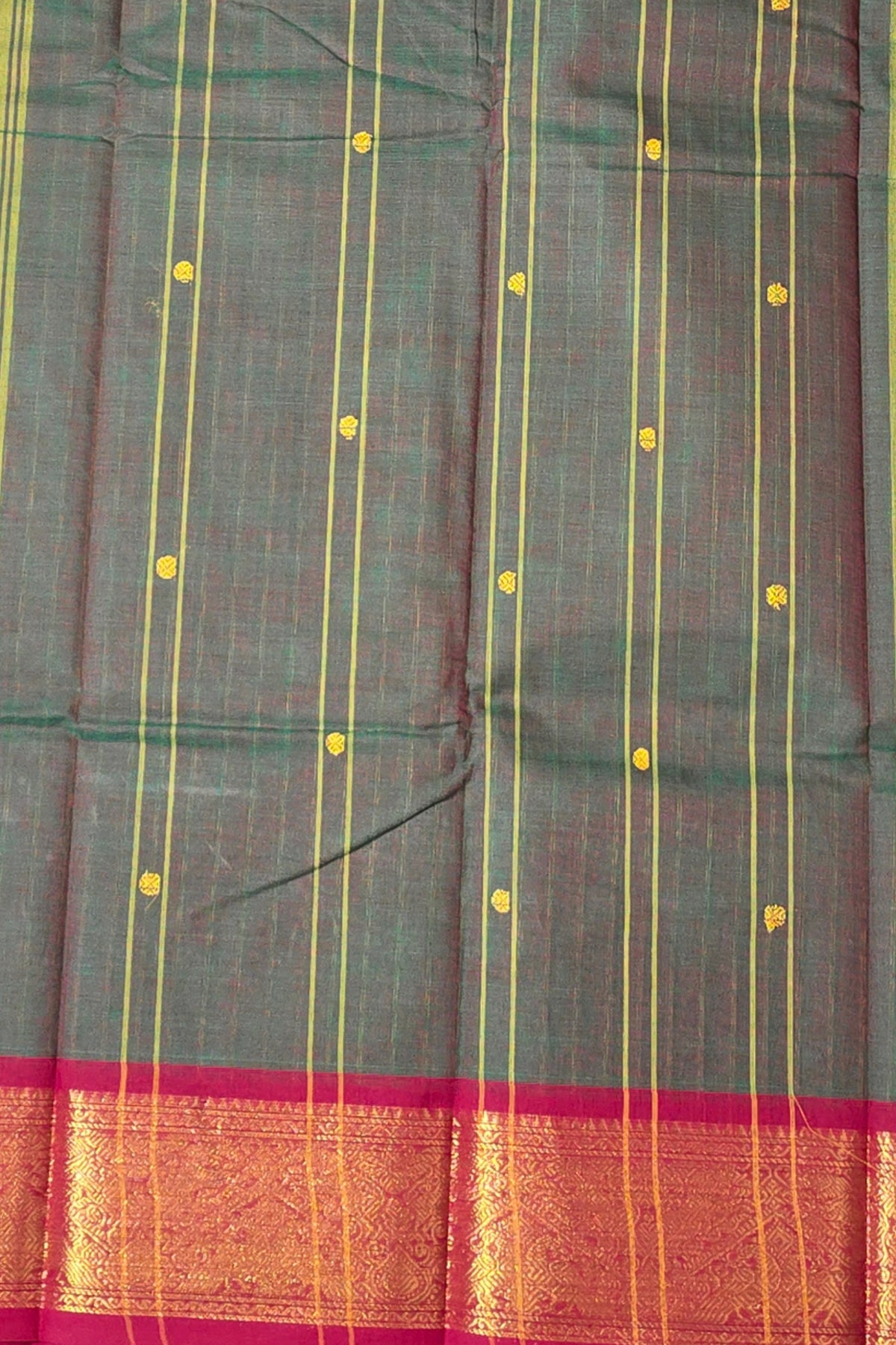 Elegant Dark Green Striped Cotton Saree with Maroon Border