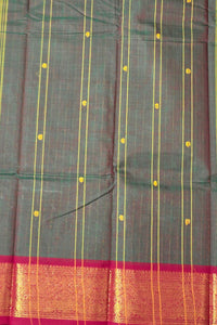 Elegant Dark Green Striped Cotton Saree with Maroon Border
