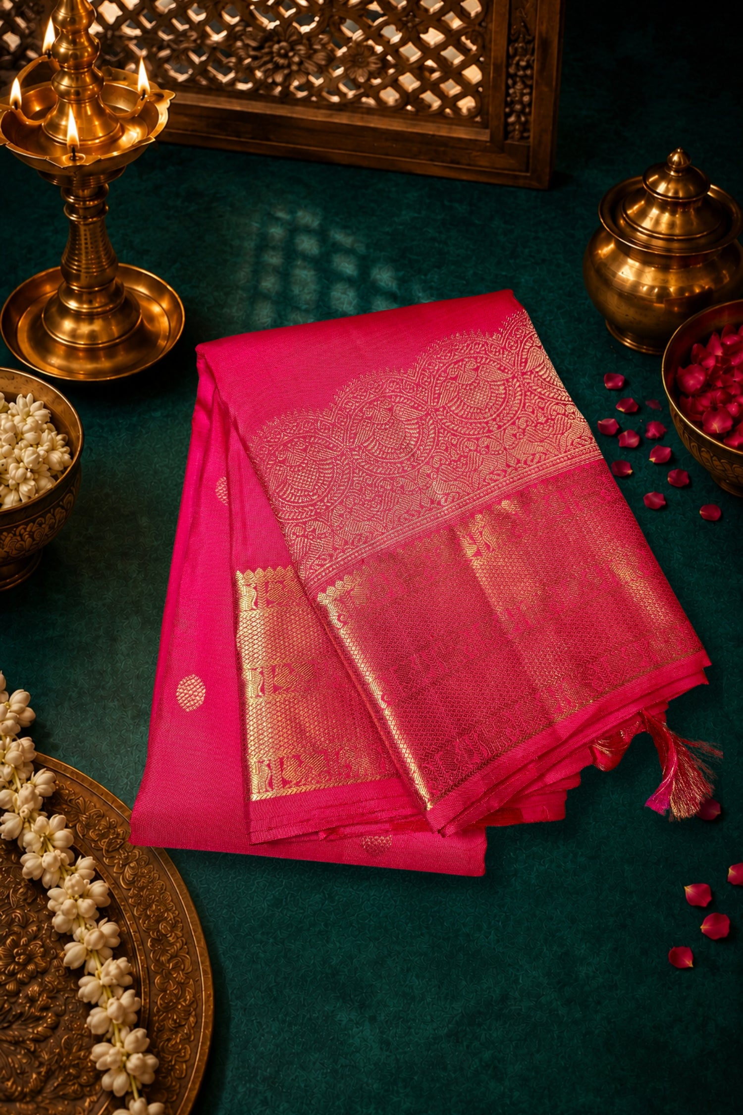 Crimson red silk saree with gold embroidery laid out on a teal background with traditional decorative items.