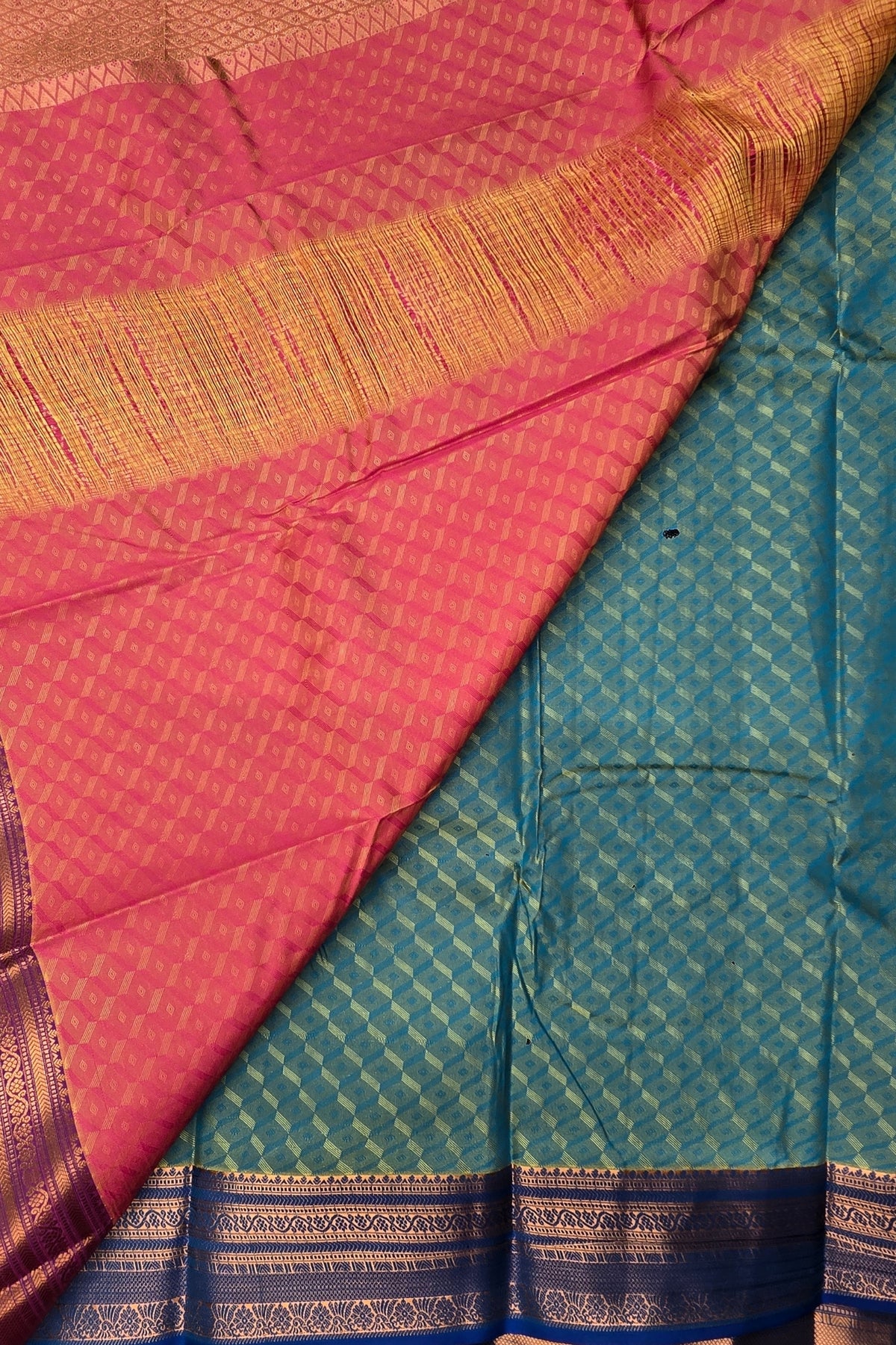 Teal Blue with Pink Pallu Semi Silk Saree