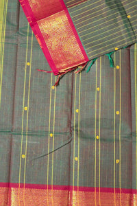 Elegant Dark Green Striped Cotton Saree with Maroon Border