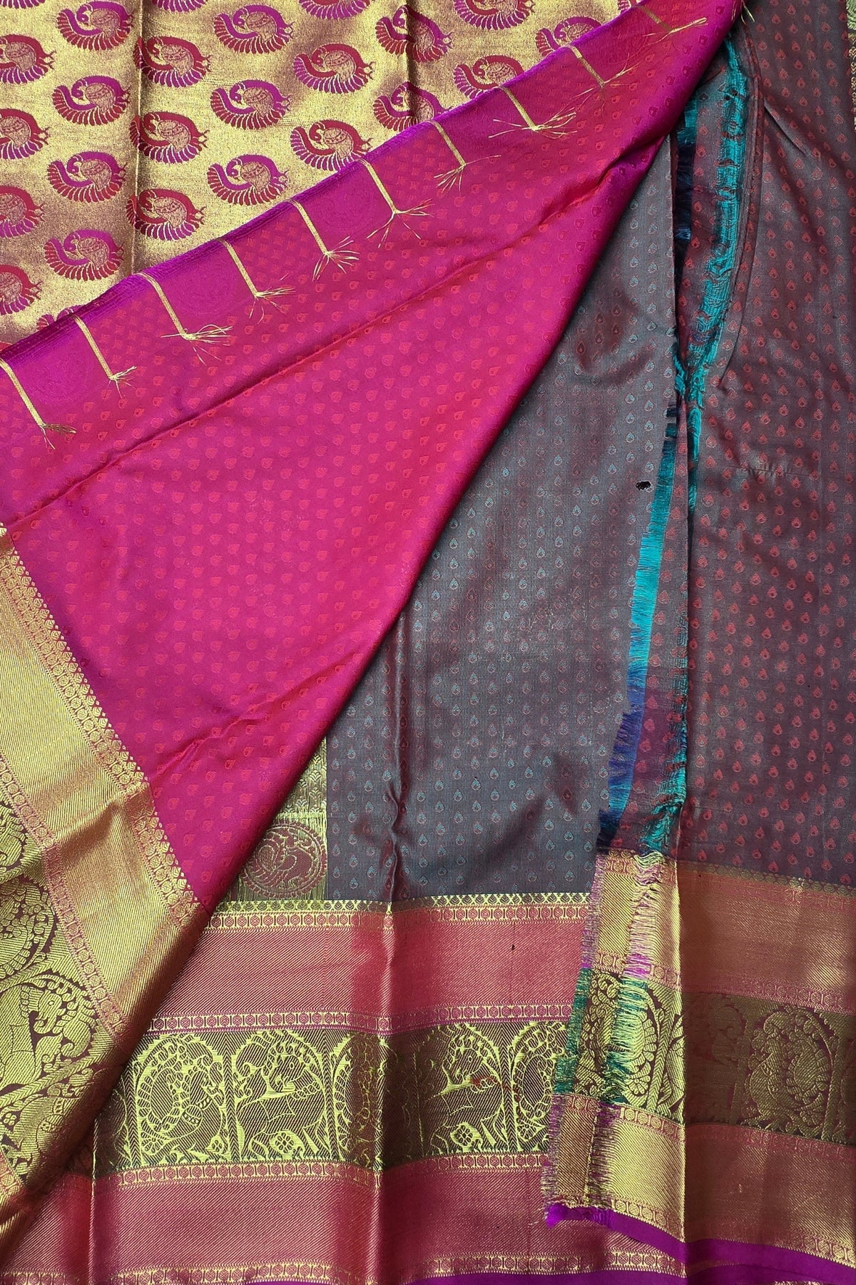 Pastel Grey with Pink Pallu Semi Silk Saree
