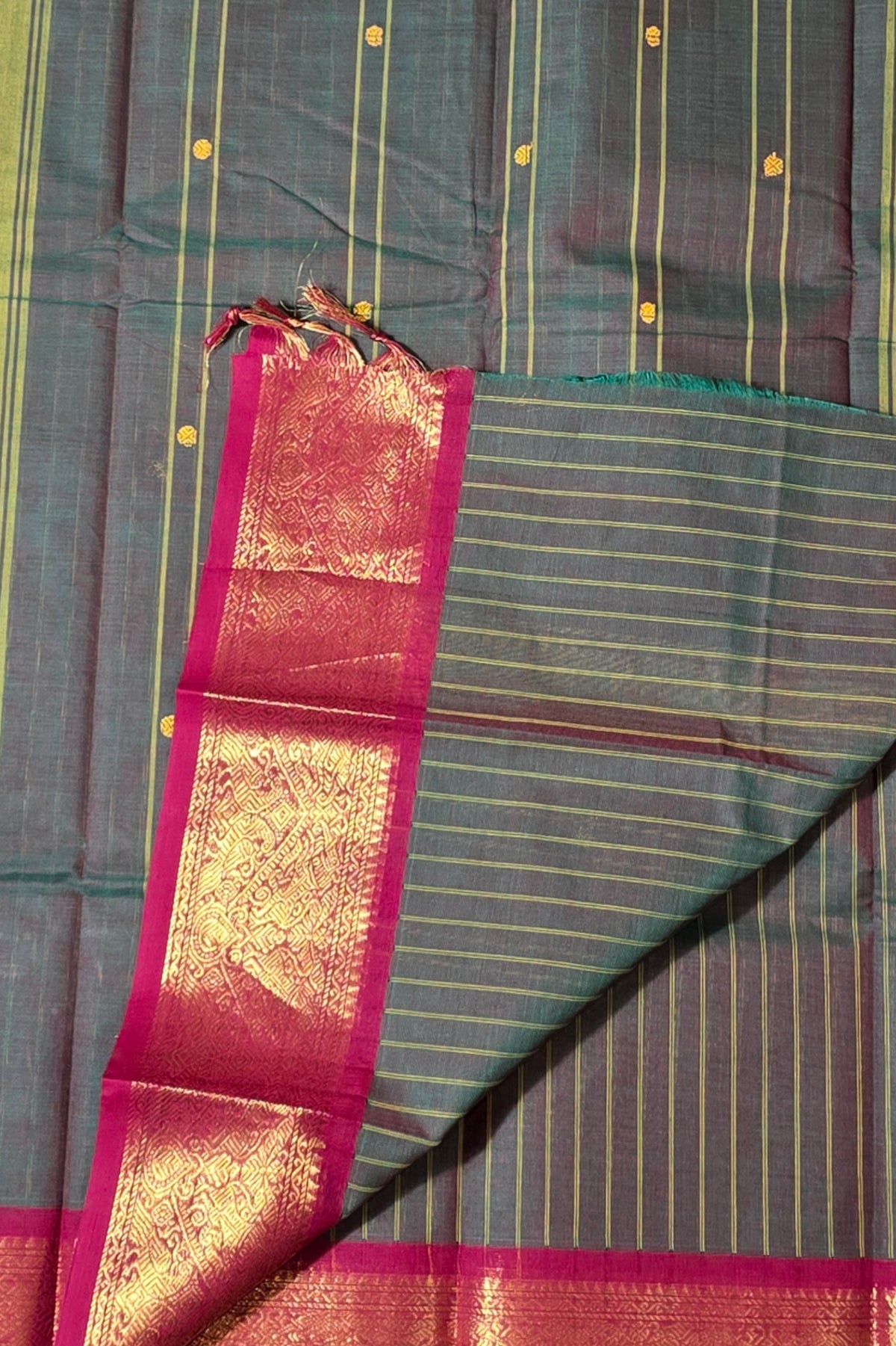 Elegant Dark Green Striped Cotton Saree with Maroon Border