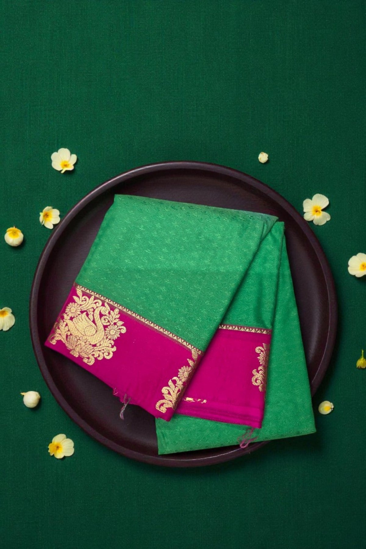 Green with Pink Border Semi Silk Saree
