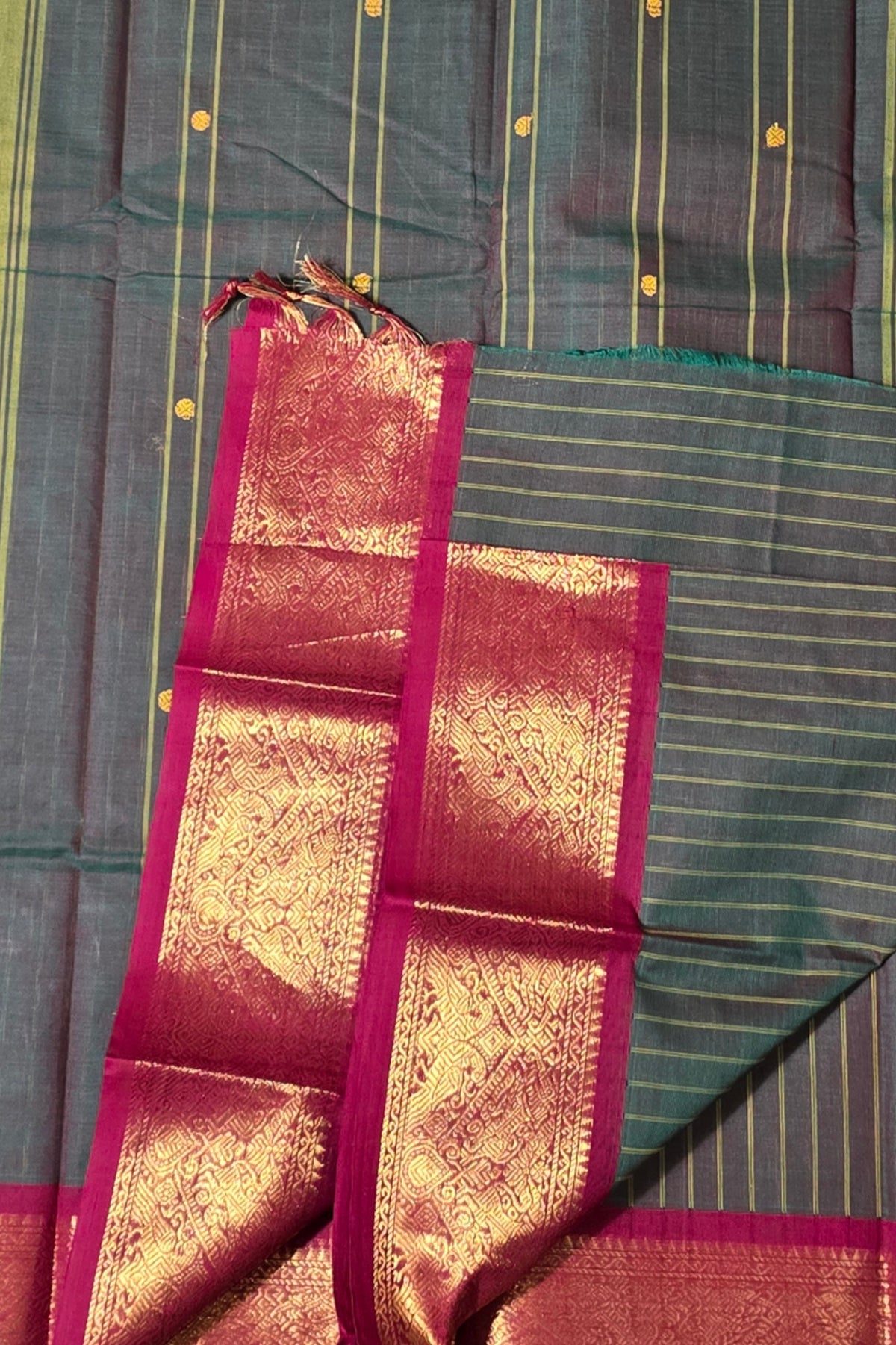Elegant Dark Green Striped Cotton Saree with Maroon Border