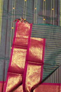 Elegant Dark Green Striped Cotton Saree with Maroon Border