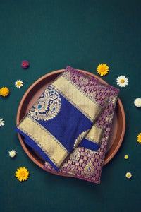 Purple Patterned Semi Silk Saree with Blue and Gold Border