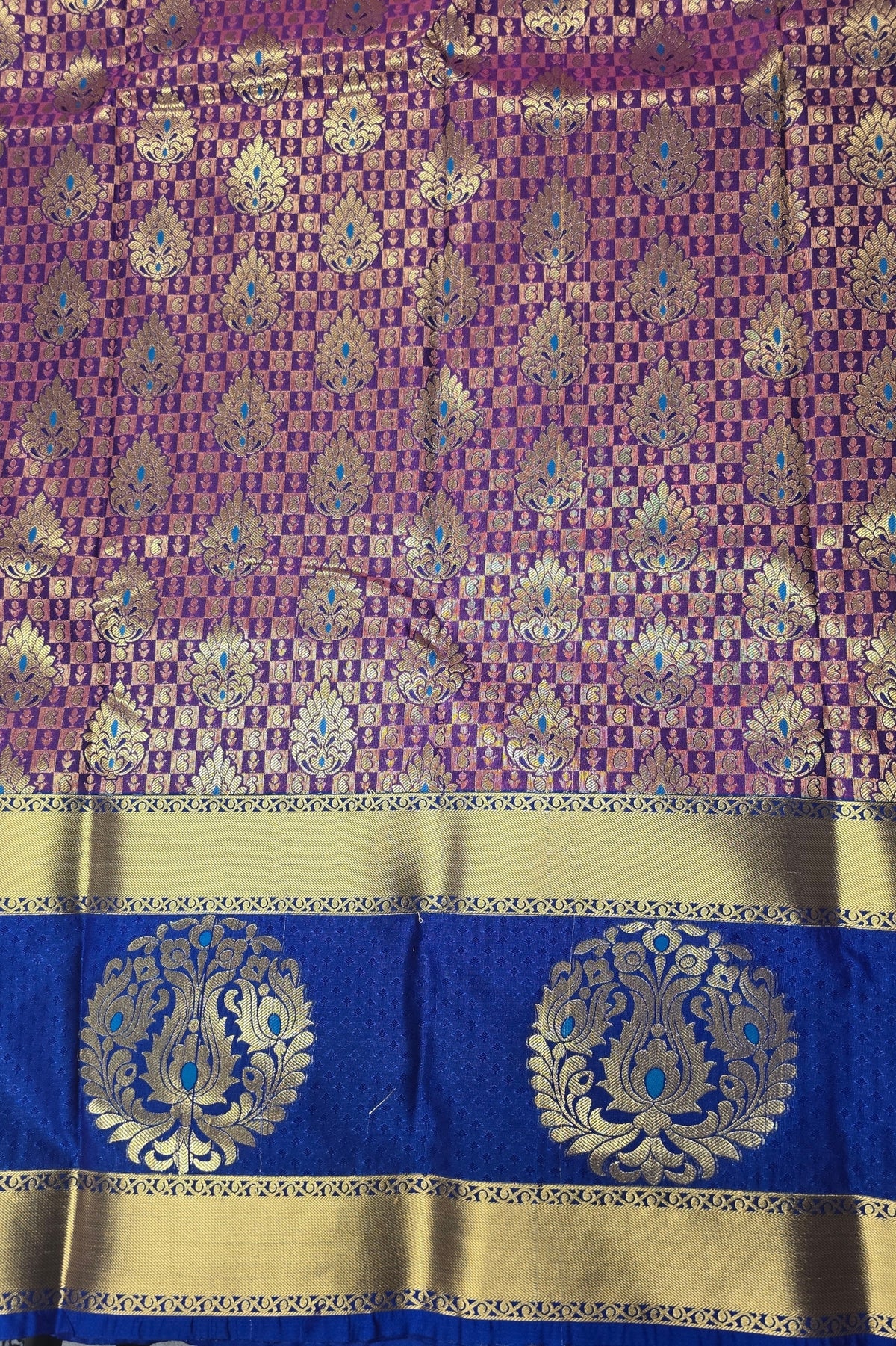 Purple Patterned Semi Silk Saree with Blue and Gold Border
