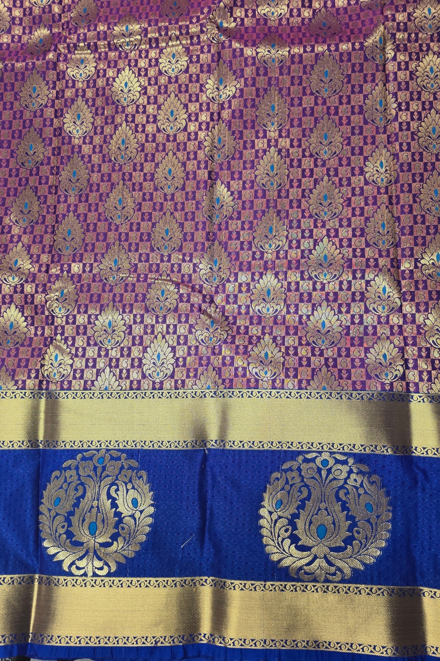 Purple Patterned Semi Silk Saree with Blue and Gold Border