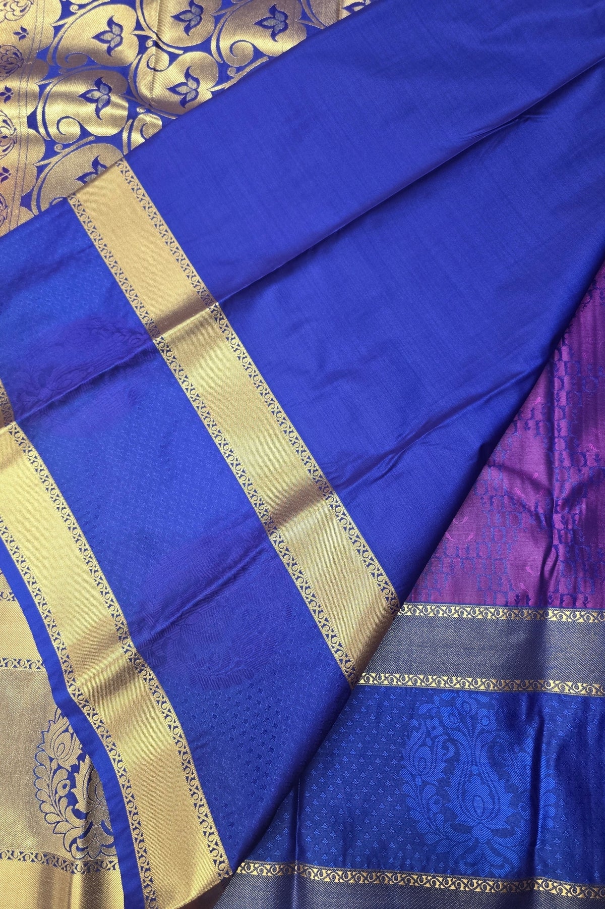 Purple Patterned Semi Silk Saree with Blue and Gold Border