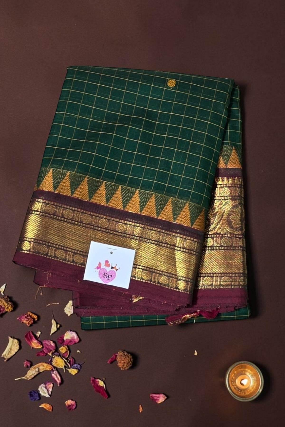 Classic Dark Green Cotton Saree with Maroon Border