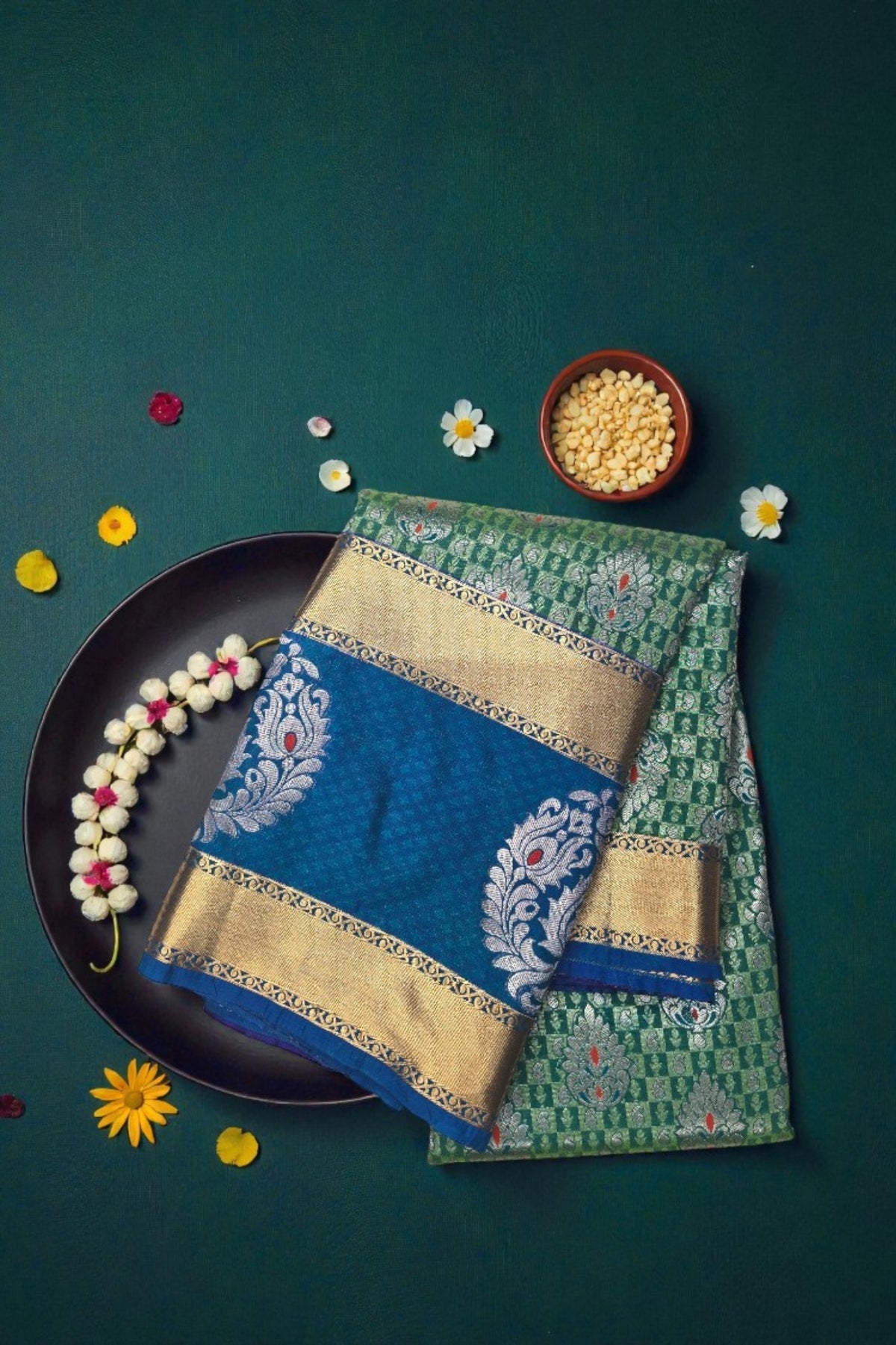 Olive Green Patterned Semi Silk Saree with Blue and Gold Border