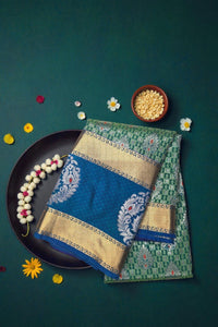 Olive Green Patterned Semi Silk Saree with Blue and Gold Border